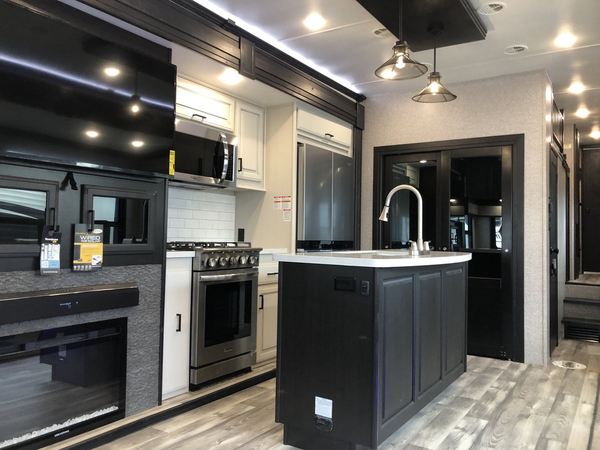 The island kitchen inside the eight-person rental RV